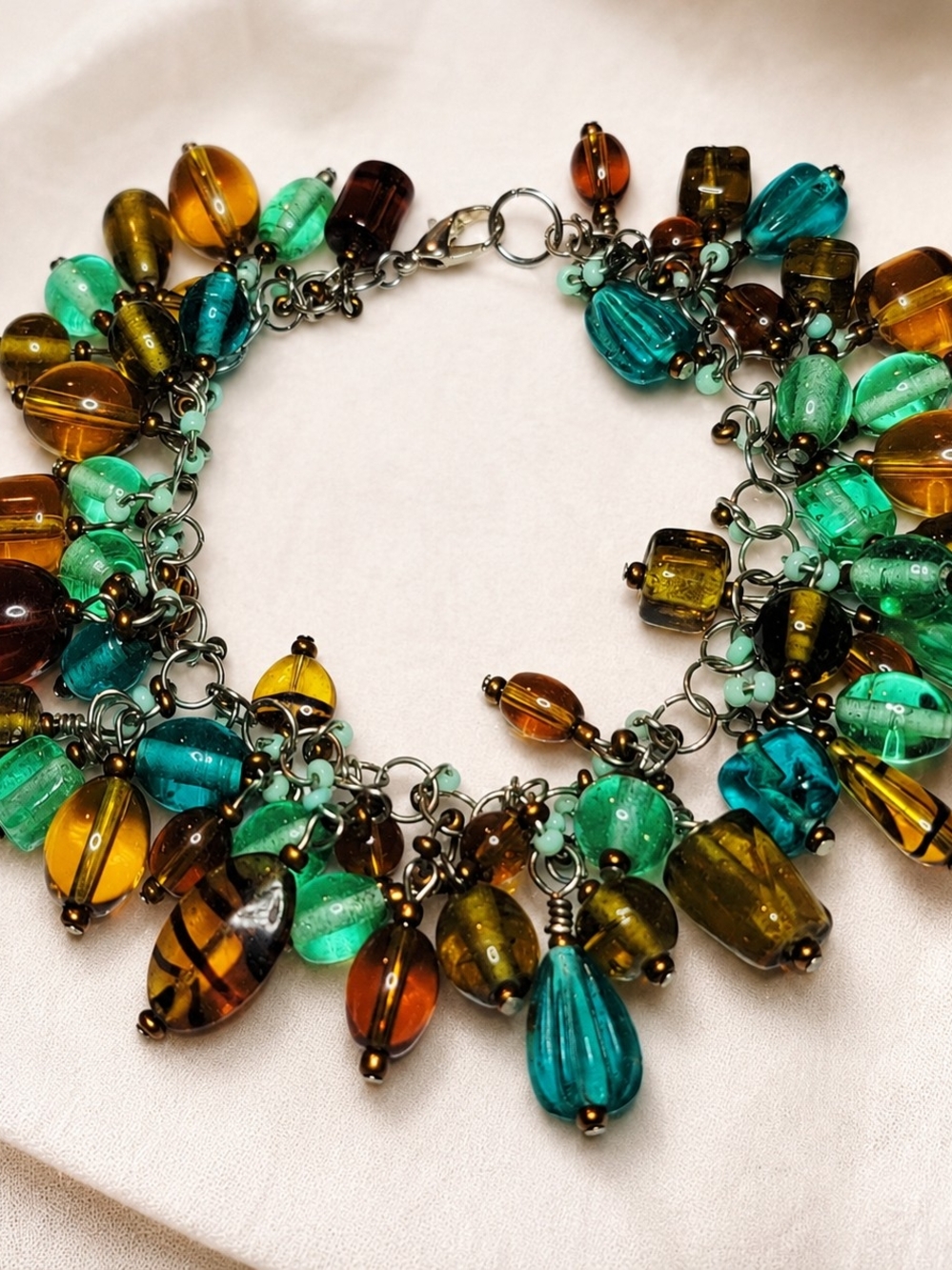Artisan Glass Charm Bracelet Czech Style Teal Amber Aqua Dangle Bead Bracelet